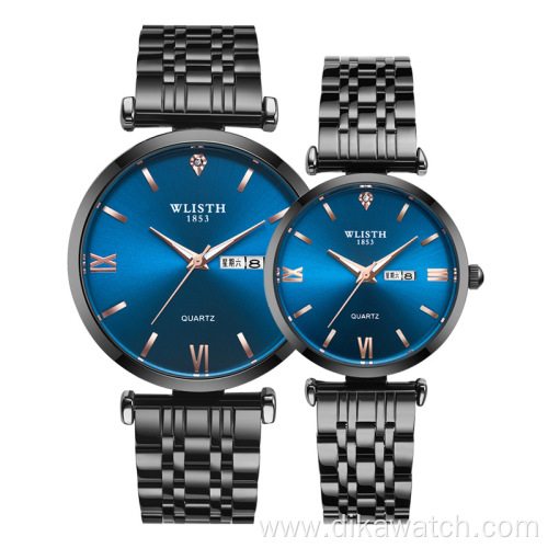 Wlisth Fashion Couple Watch Stainless Steel Strap Quartz Wristwatch Blue Analog Classic Digital Watches For Lover